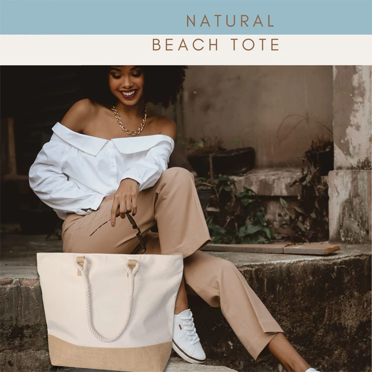 Eco Friendly Shopping Ladies Shoulder Bags Reusable Large Canvas Tote Beach Bag with Zipper and Inside Pockets