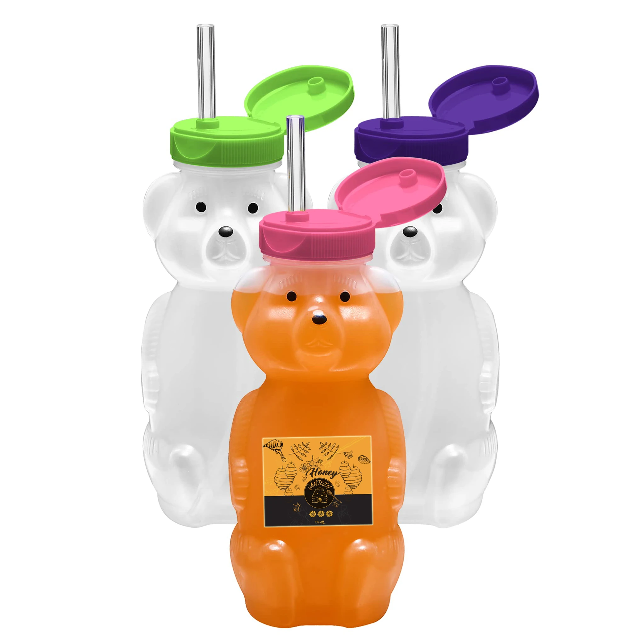 2oz 5oz 8oz 12oz 16oz Honey Bear Plastic Bottle with Straw