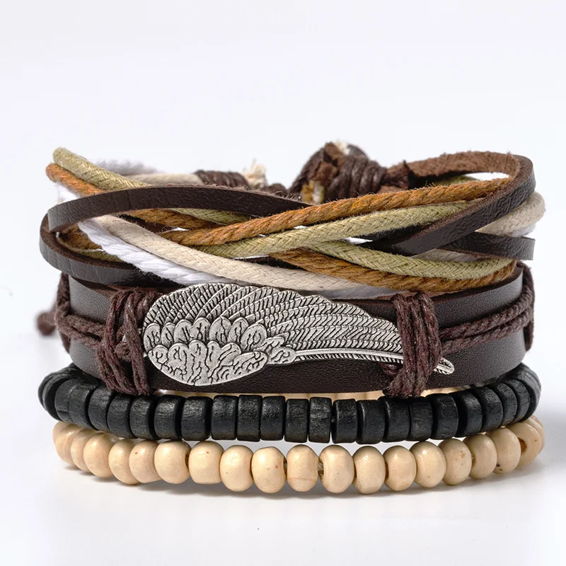 54 Designs Vintage Leaf Feather Multilayer Leather Bracelet Men Fashion Braided Handmade Star Rope Wrap Bracelets & Bangles Male