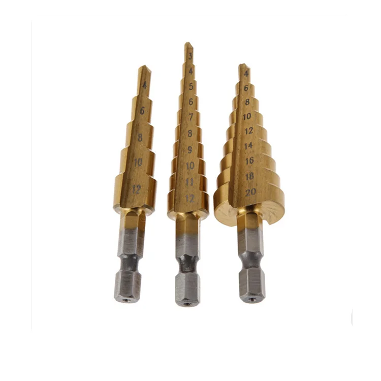 3pcs Titanium Step Core Drill Bits Set HSS Power Tools 3-12mm 4-12mm 4-20mm High Speed Steel Woodworking Wood Metal Drilling Set