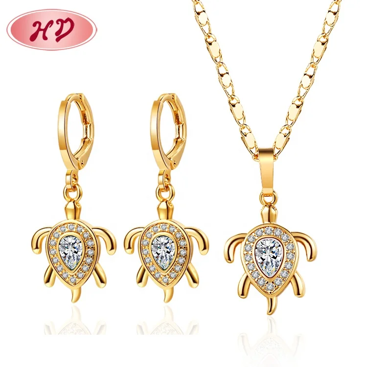 Fashion Jewellery 18 Carat Gold Plated 3 Piece Jewelry Set Cubic Zirconias Cz Turtle Pendant Necklace Jewellery Sets For Women