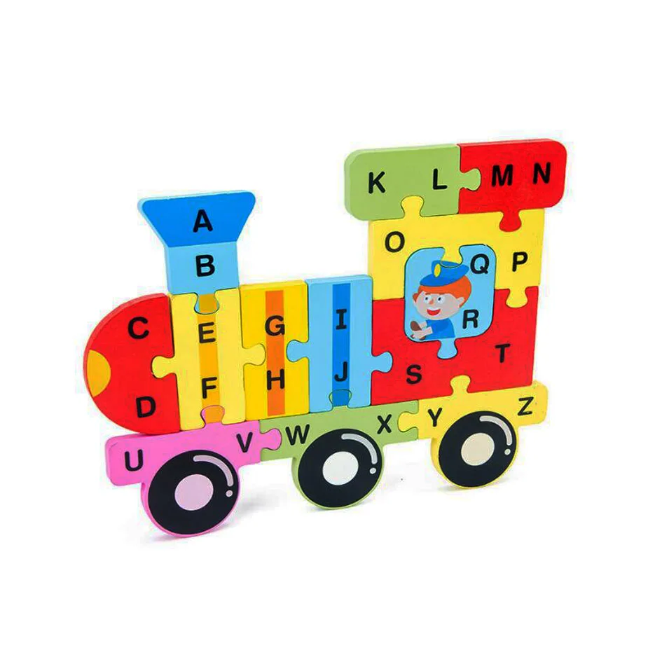 3D Wooden Alphabet Letter Locomotive engine jigsaw Puzzles Toy Children Educational Puzzle Toy