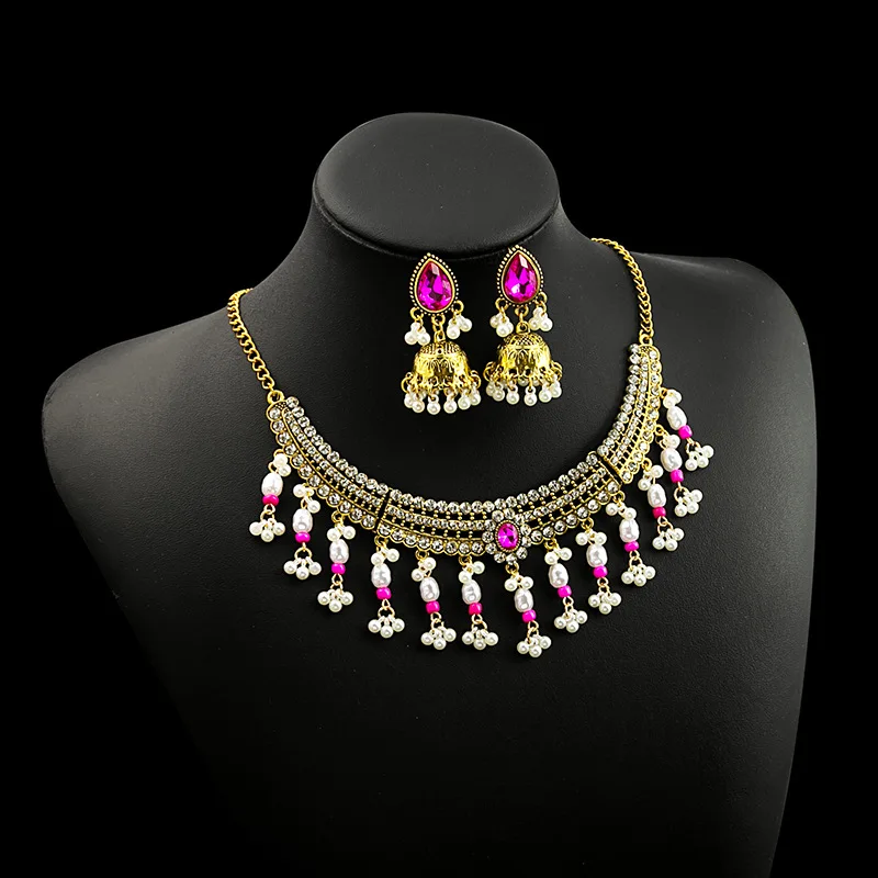 Luxury Gold Color Geometric Necklace Set Women Vintage Choker Crystal Bridal Wedding Necklace Earring Set Fashion Indian Jewelry