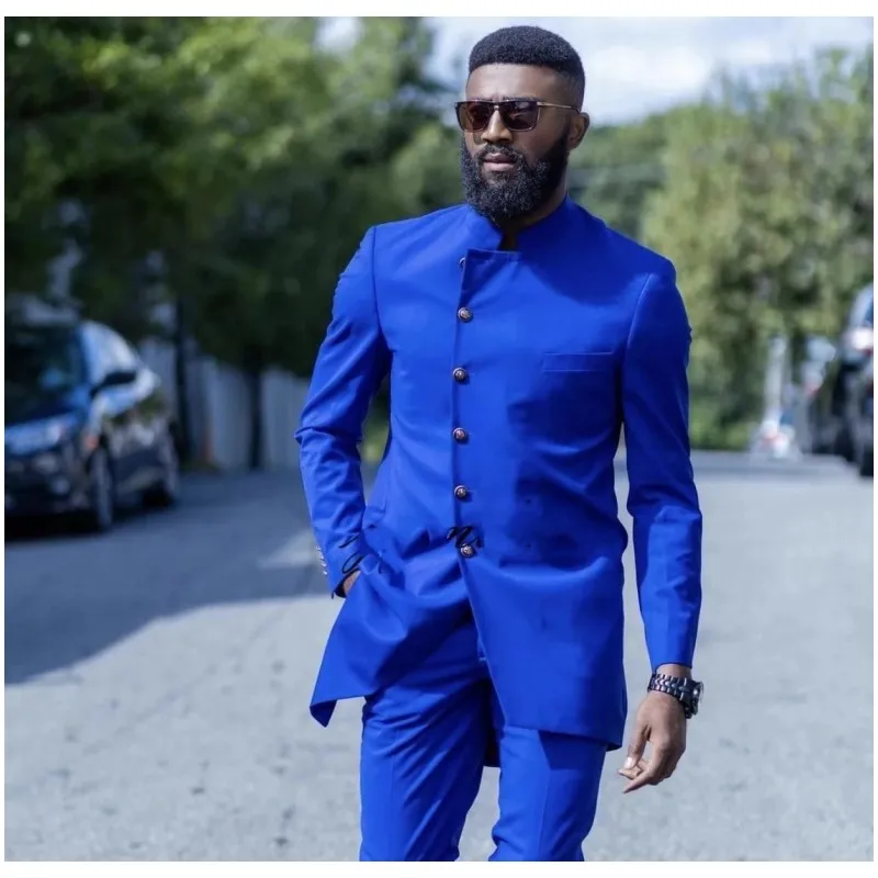 2022 New Royal Blue Stand Collar Wedding Men Suits Groom Wear Tuxedos Slim Fit Prom Blazer Terno Masculino 2 Pcs Jacket+Pants
