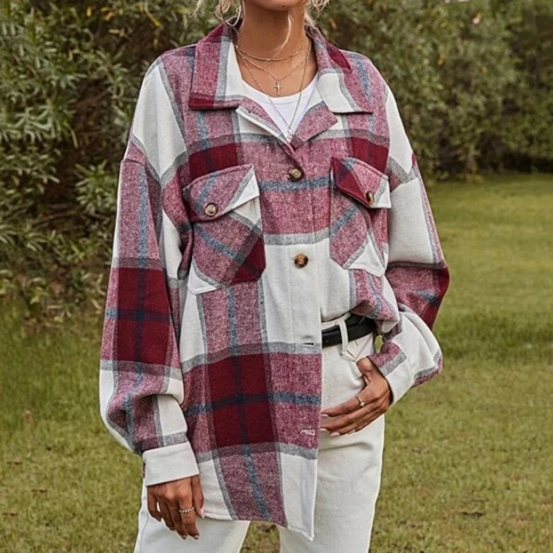 Cheap Vintage Long Shirts Button Down Plaid Blouse Wholesale Casual Warm Fall Plaid Flannel Shirt For Women