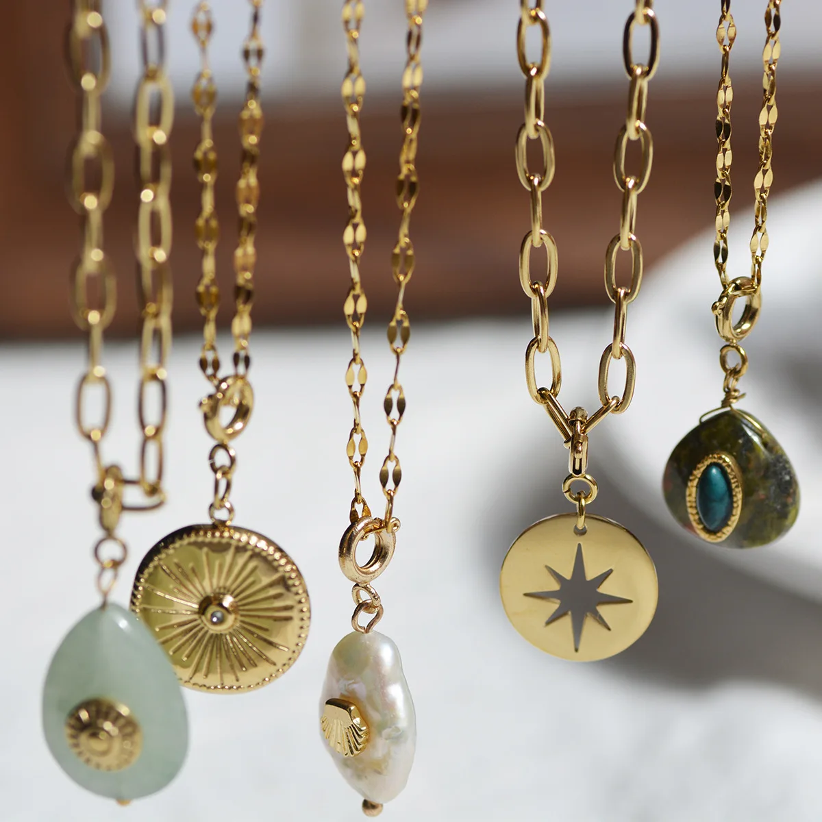 Bohemian style stainless steel necklace pearl charm green natural stone tennis necklace DIY pendants titanium jewelry