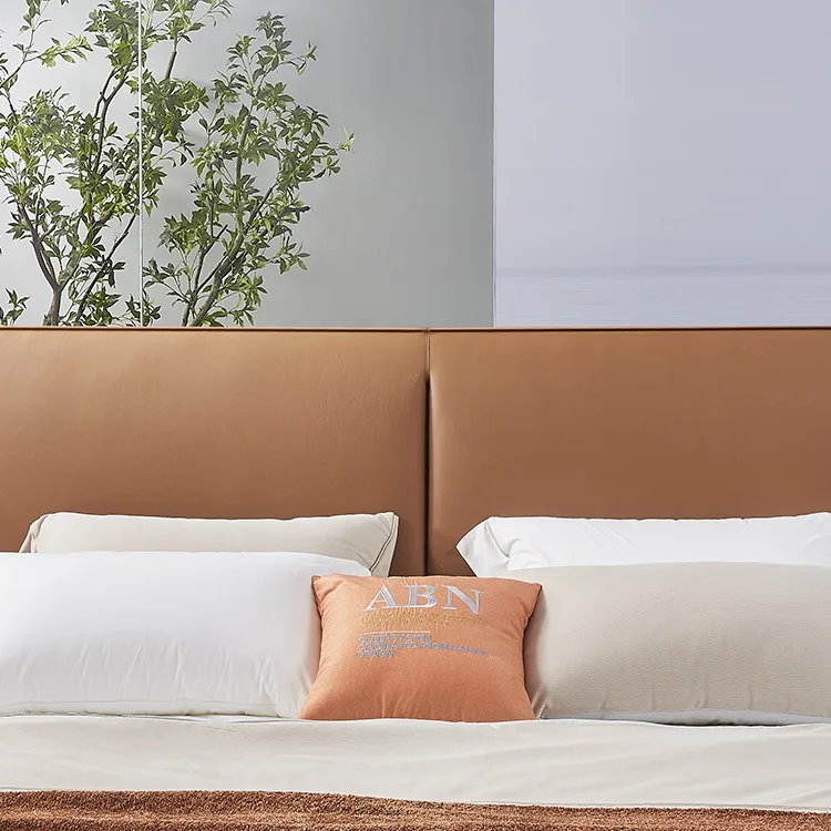 Imported Nappa Lychee Pattern Cow Skin Leather King Size Bed Frame Upholstered Bed With Bedside Table