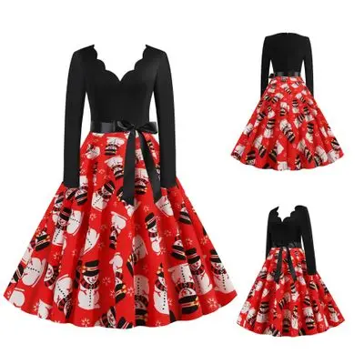 
Plus Size Women Christmas Dress Long Sleeve Vintage Elegant V Neck Print Big Swing Party Xmas New Year Winter Clothes S~3XL Robe 