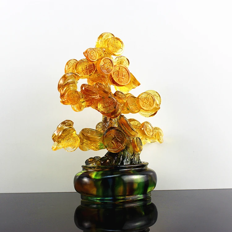 Feng Shui Lucky Fortune Money Tree Craft Liuli Crystal Chinese Multicolor 250*130*280mm Glass Gift Packaging Sculpture Folk Art