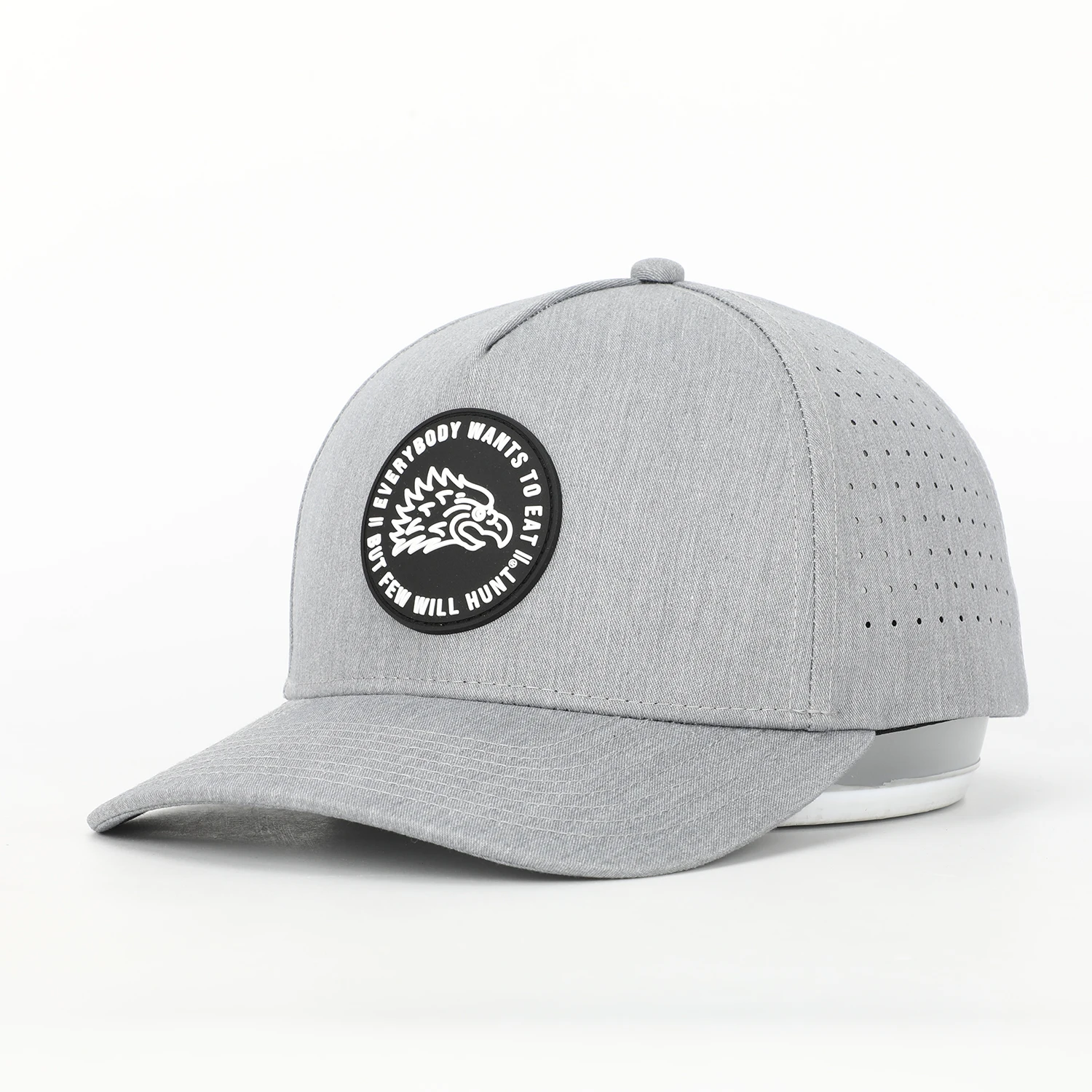 Изготовленный на заказ мужские 5 панель серый меланж лазерная резка отверстие, мужские и женские бейсбольные кепки, перфорированные шляпа, резиновые ПВХ патч логотип Водонепроницаемая бейсболка