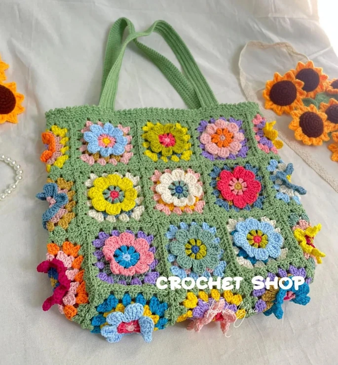 New Arrival Green Color and Flower Pattern Crochet Bags Spring Granny Square Style Bags Knitting Tote Bag