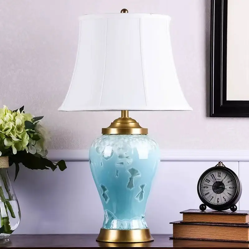 American style blue led e27 office ceramic lamp plug can be changed slim vase body table lamp