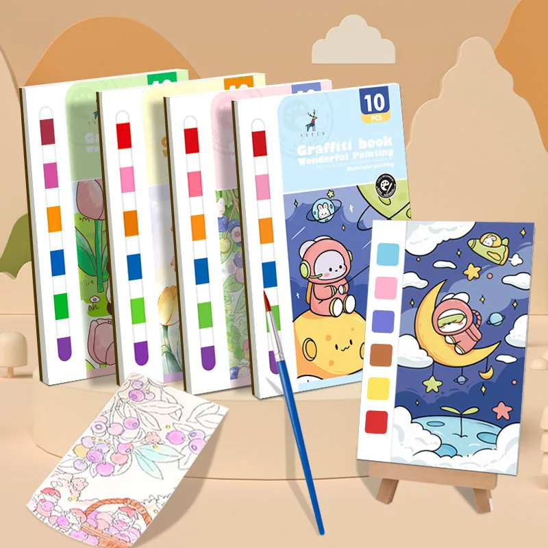 New Watercolor Painting Book Kids Art Drawing Toys 10 sheets Travel Pocket Watercolor Painting Book Set with Paint and Brush