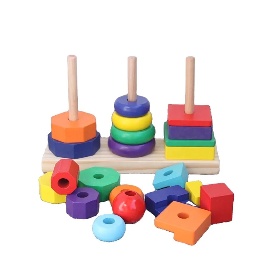 Wholesale Wooden Geometric Shape Stacker Sorting Board Rainbow Tower Small Three Pillars Tower Of Hanoi Puzzle Game For Children