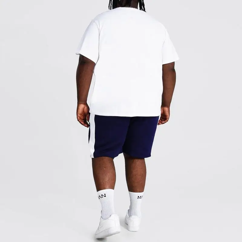 Summer New Large Size Loose White Color Block Plus Size Mens Big And Tall Clothing Two Piece Set