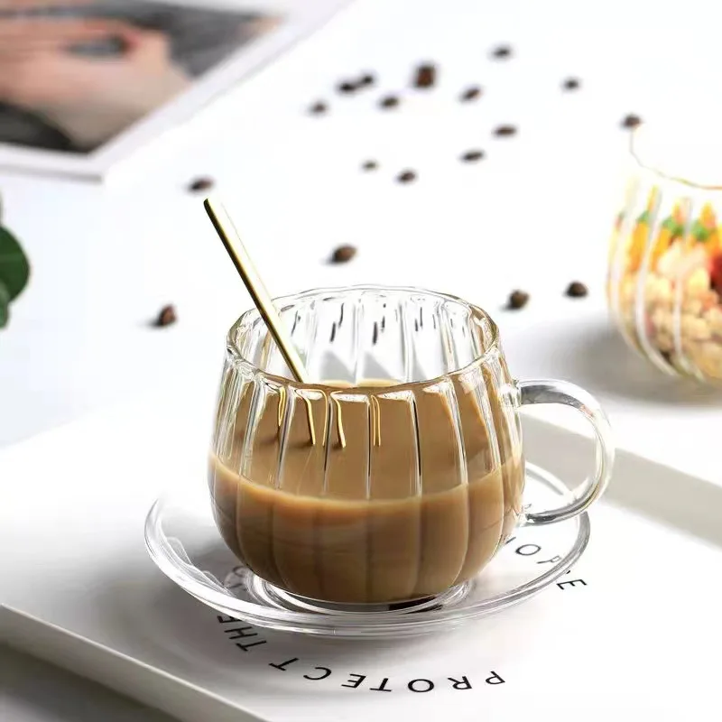 350ml Coffee Glass Mug Ripple Heat Resistant Drinkware Cup Frosted Clear Coffee Glass Cup With Handle