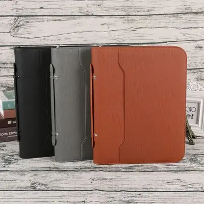 Zippered Leather A4 Professional Business Portfolio Organizer File Folders Bag with Handle