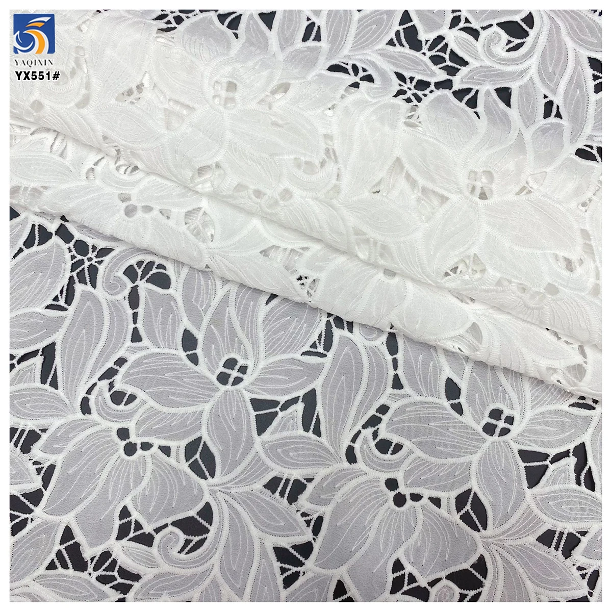 YX551 2025 Custom Dyed White Lotus Leaf Embroidered Fabric 100% Polyester Milk Silk Lace Embroidery Fabric