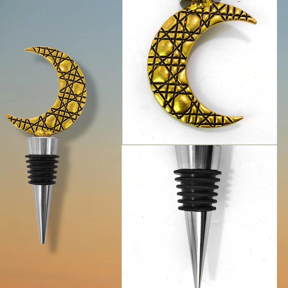 Golden Textured Moon Zinc Alloy Custom Reusable Decorative Metal Wine Stoppers
