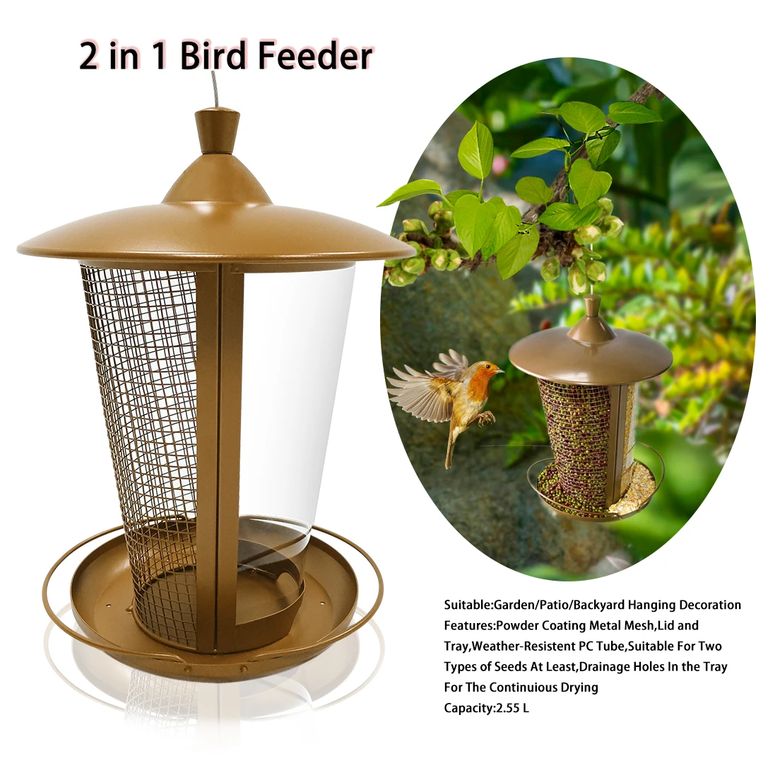 Outdoor Hanging Graden-yard bird feeder Brown Metal Mesh And PC Tube Wild