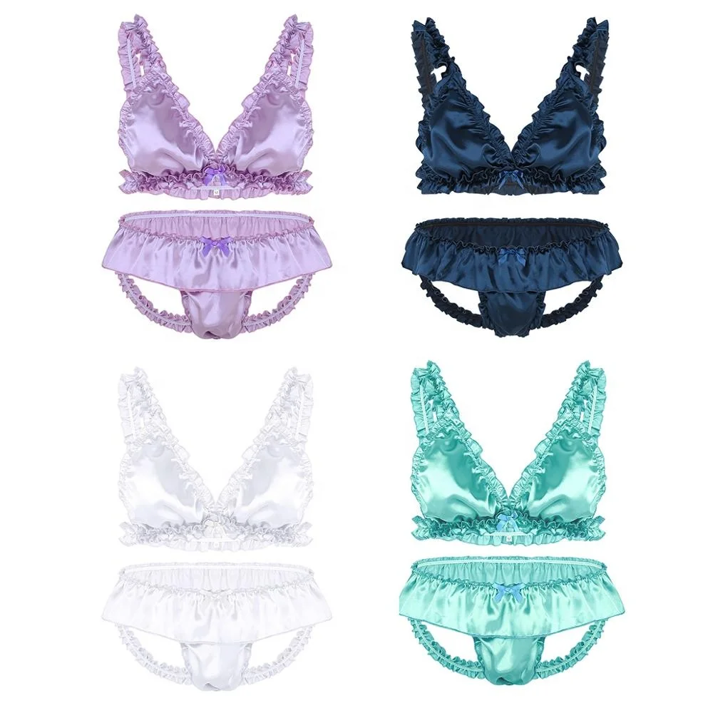 
Mens Sissy Soft Satin Sexy Lingeries Set Bikini Bra Top Open Back Briefs Underwear Elastic Frilly Ruffled Lingerie 