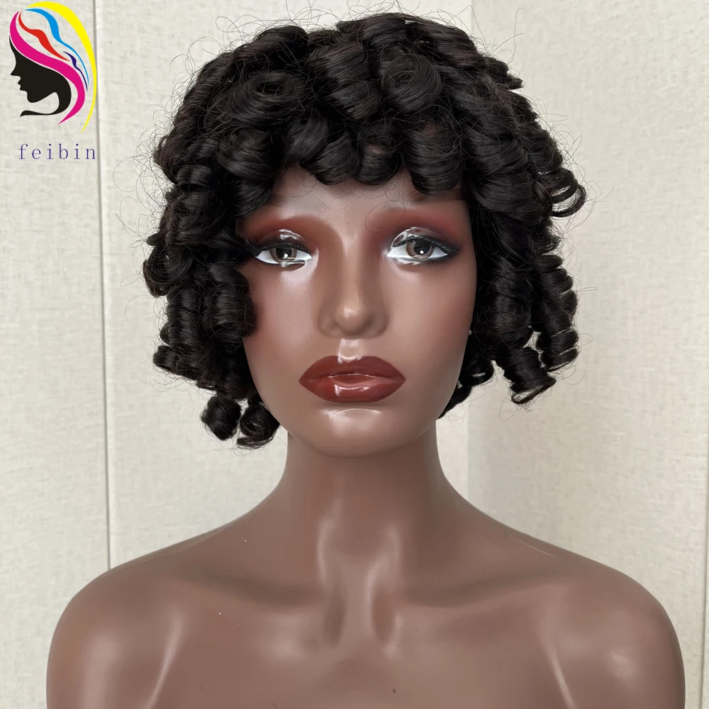 Cheap Price Fumi Curly Human Hair Wigs for Women Pixie Cut Rose Curly Full Machine Wigs Egg Curls Bob Wig With Bangs