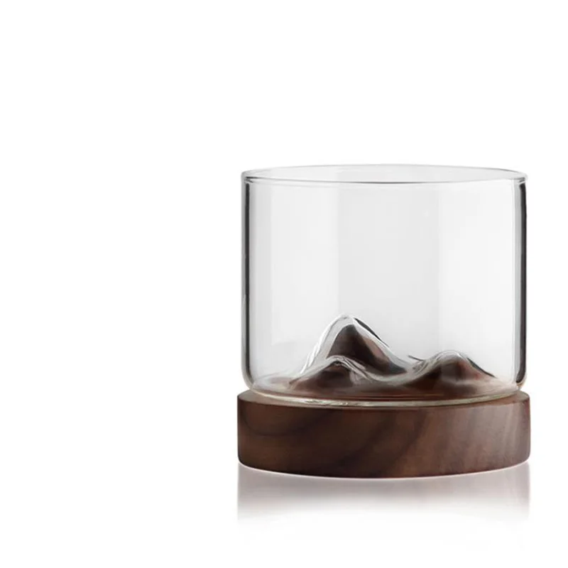 SOLHUI  Mountain Fuji Style Whiskey Glass with Wooden Bottom Wine Glass Teacups For Whiskey