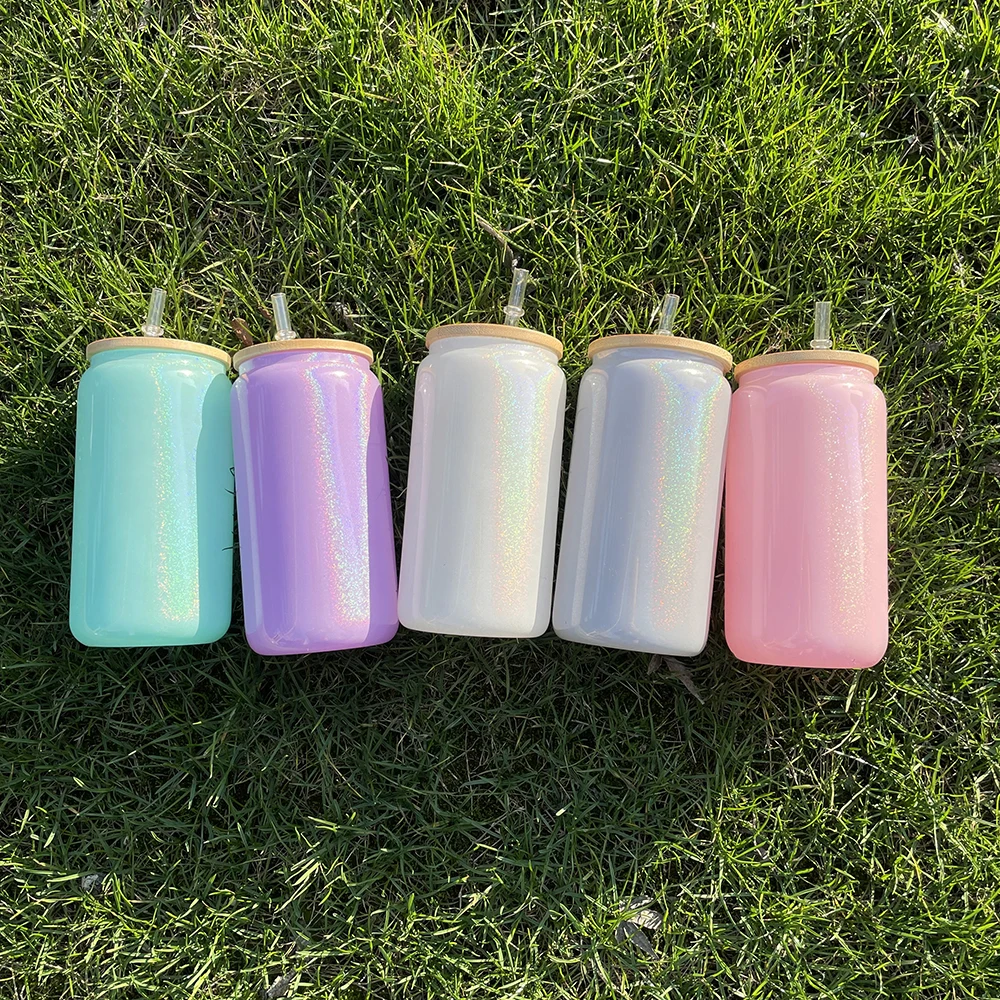 Rainbow glitter blank sublimation glass can 15oz 16oz 20oz Holographic Shimmer drinking glass For Heat Press Printing