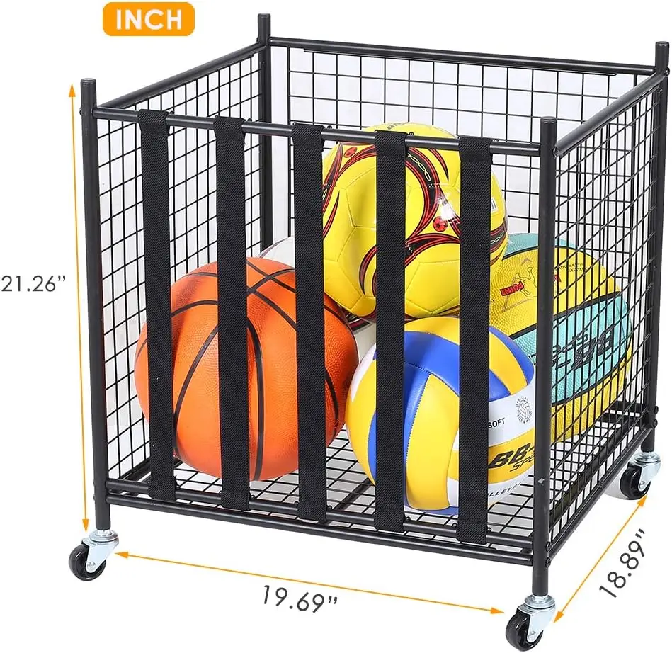 Sports Ball Storage Rolling Cart with Basket and Hooks Lockable Sports Ball Cage Storage Rack for Garages Playgroup Gym Schools