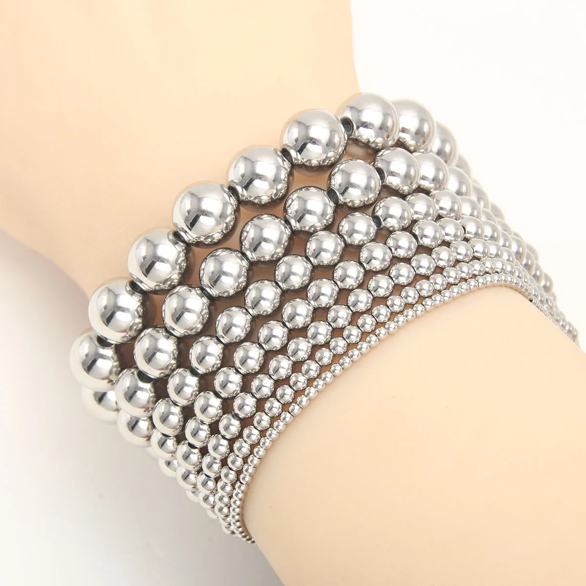 New Fashion Gold Plated Ball Bracelets Diameter 2-10mm Smooth Stainless Steel Bead Elastic Bracelet bijoux en acier inoxydable
