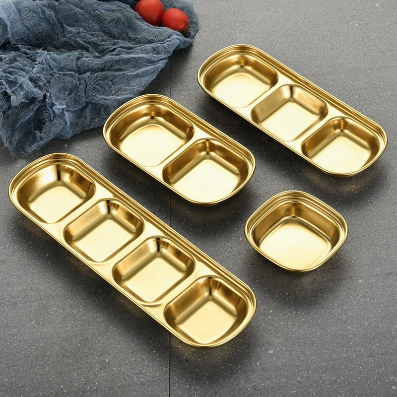 Оптовая продажа 304 тарелка для соуса барбекю в Корейском стиле из нержавеющей стали утолщенная Золотая кастрюля разделенное блюдо приправ