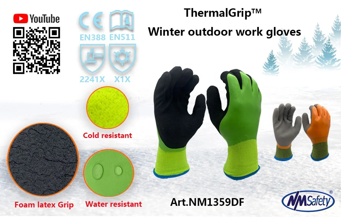 NMsafety Foam Latex Glove with Logo Double Coated Outdoor Thermal Gloves Waterproof ANSI Warm Working Gloves