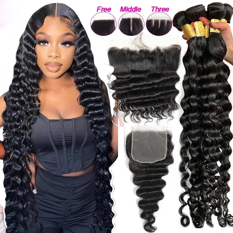 Brazilian Virgin Hair Bundles And Closure Bulk Vendor Lace Frontal With Bundles Human Hair Deep Loose Wave