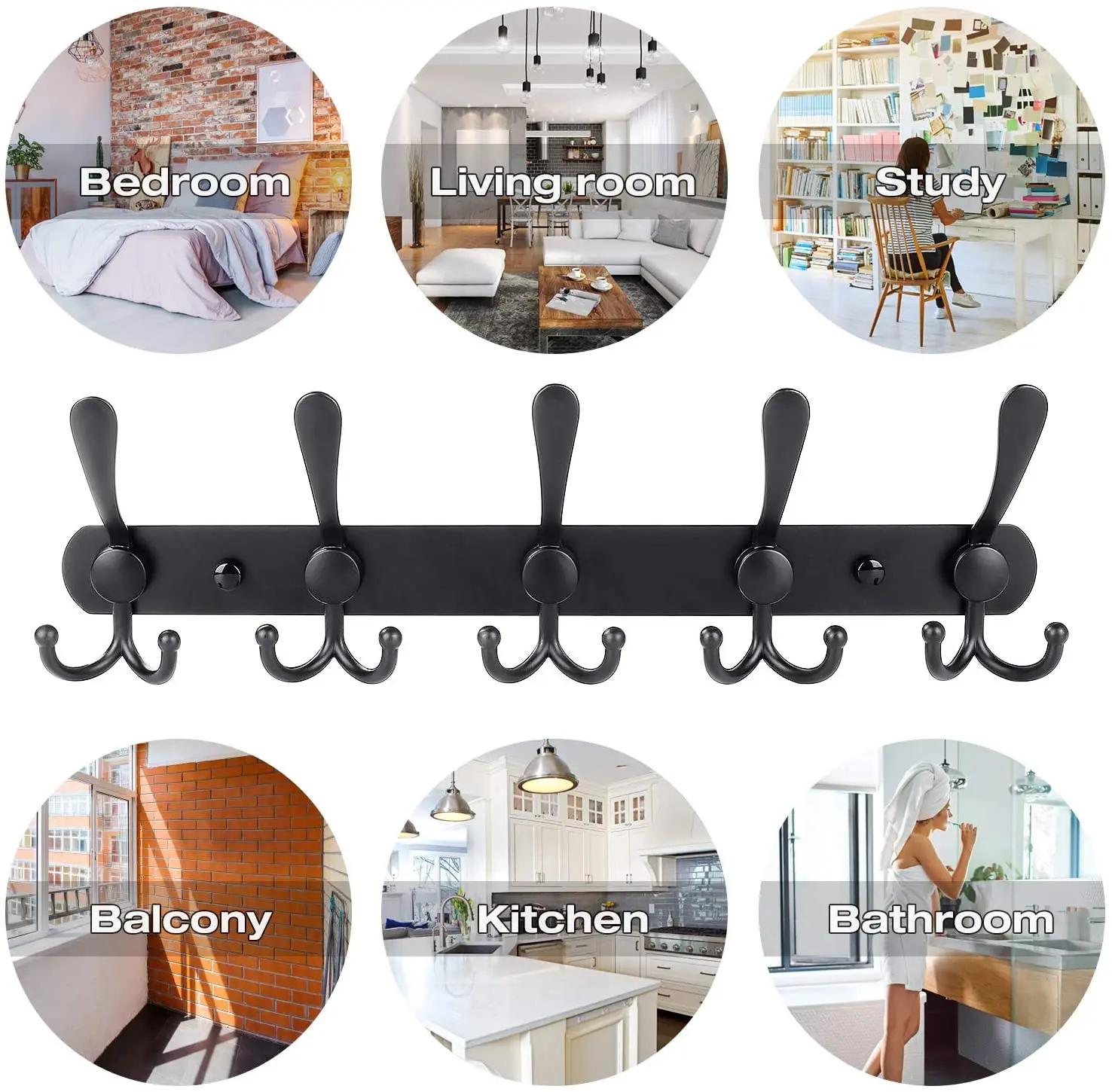 Metal Wall Mounted Coat Rack 5 Tri-Hooks Stainless Steel Towel Shelf for Bathroom Living Room