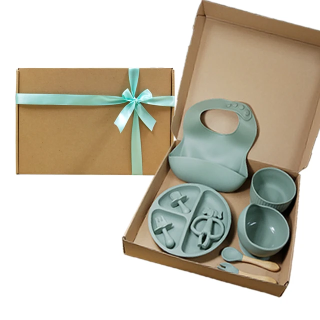 Wholesales foldable modern custom kids spoon fork bowl plate sets teething teether toy bib silicone baby feeding set