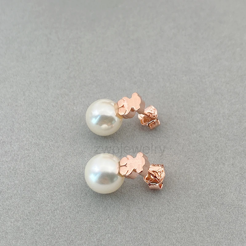 High Quality S925 Sterling Sliver TOUSES Sweet Dolls Earrings Bear Motif With 10mm Real Natural Freshwater Pearl Women Earrings