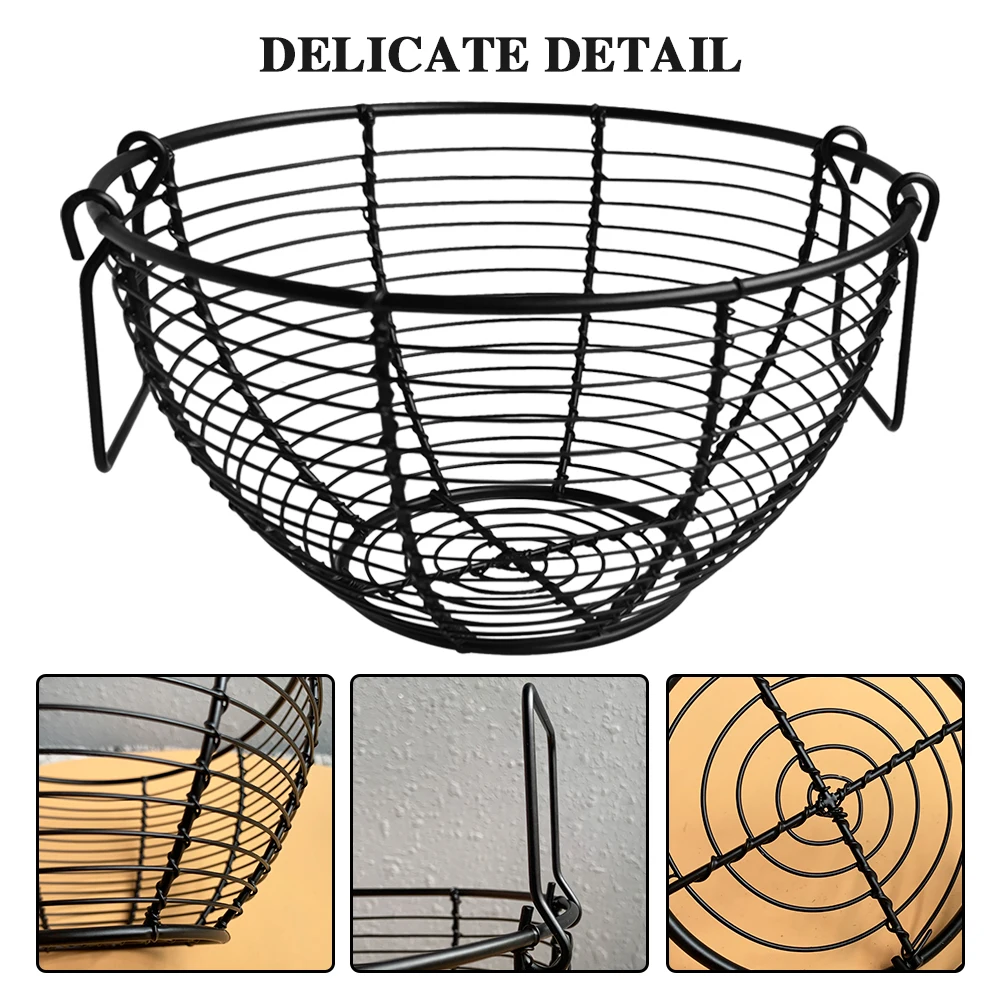 Round Shaped Vintage Egg Holder Organizer Retro Metal Wire Matt Black 2 Handles Wire Basket for Egg Collecting
