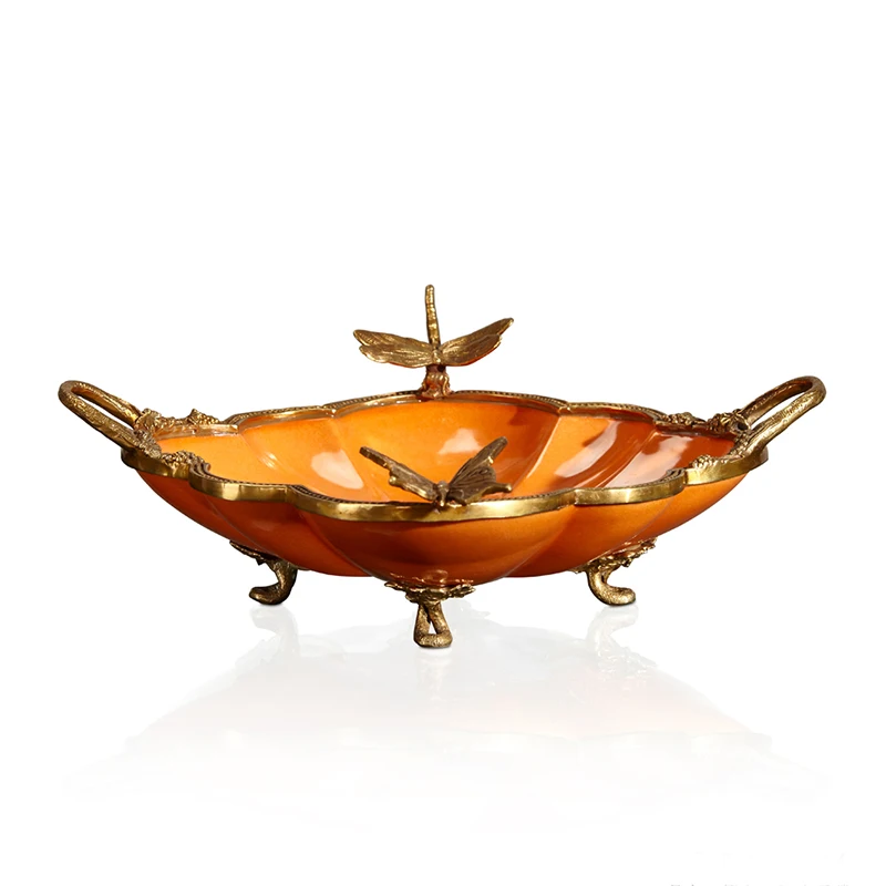 Nouveau Vintage Noble French Versailles Style Gilded Brass Butterfly Ornate Glazed Tangerine Orange Porcelain Fruit Tray