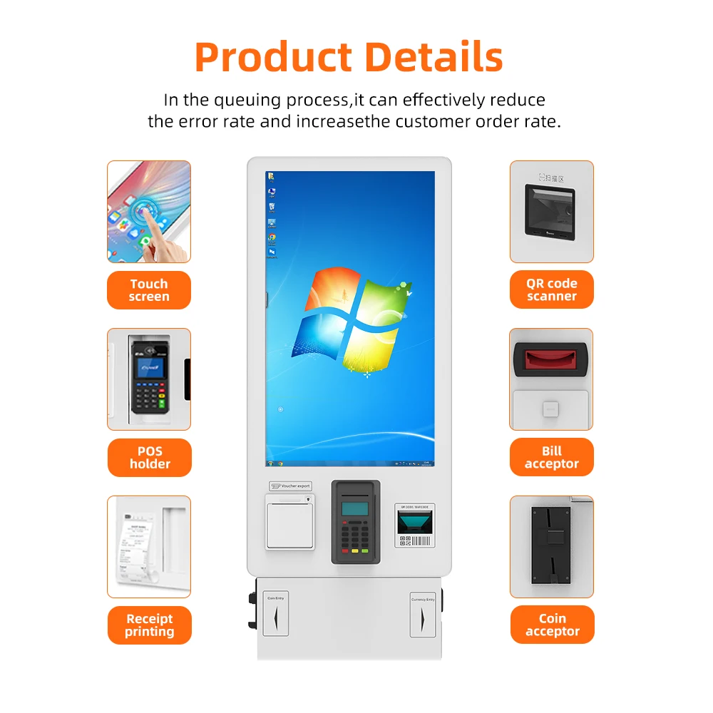 Multi-payment methods 27/32' flexible screen facial recognition scanner printer password keypad cashless payment self kiosks
