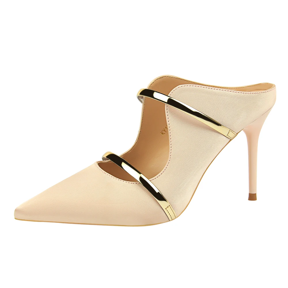 1788-2 пикантные женские сандалии в европейском и американском стиле на шпильке атласные открытые металлические тапочки с острым носком