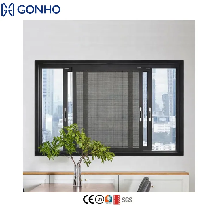 Simple Design Sound Insulation 3 Track Aluminium School Sliding Window Black Screen Window