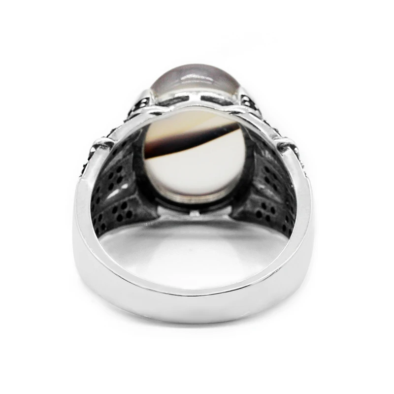 New Arrival 925 Sterling Silver Textual Agate Stone Men Ring,Turkish Jewelry Oxidized Silver Rings for Men Engagement Wedding