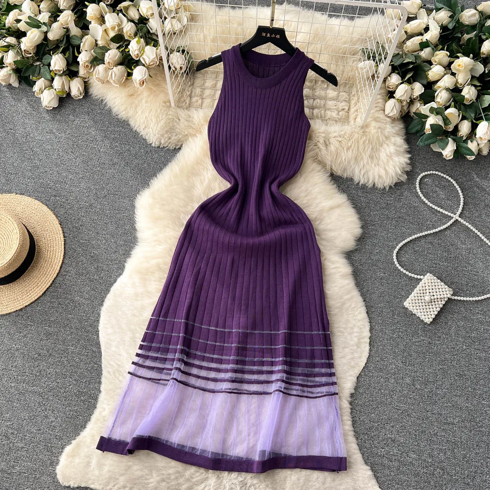 2023 Summer Sling Sexy Ins Dress Female Ice Silk A Word With Ice Silk Sleeveless Base Knitted Long Dress