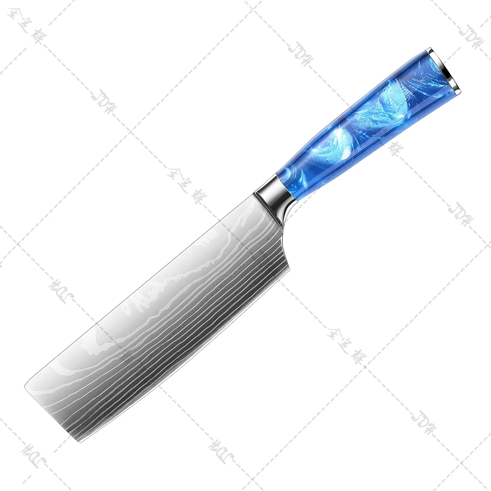 7 inch Hot Sale Santoku Chef Knife Ironwood Handle vg10 73 Layers Damascus Steel Kitchen Knife with Blue Resin Handle