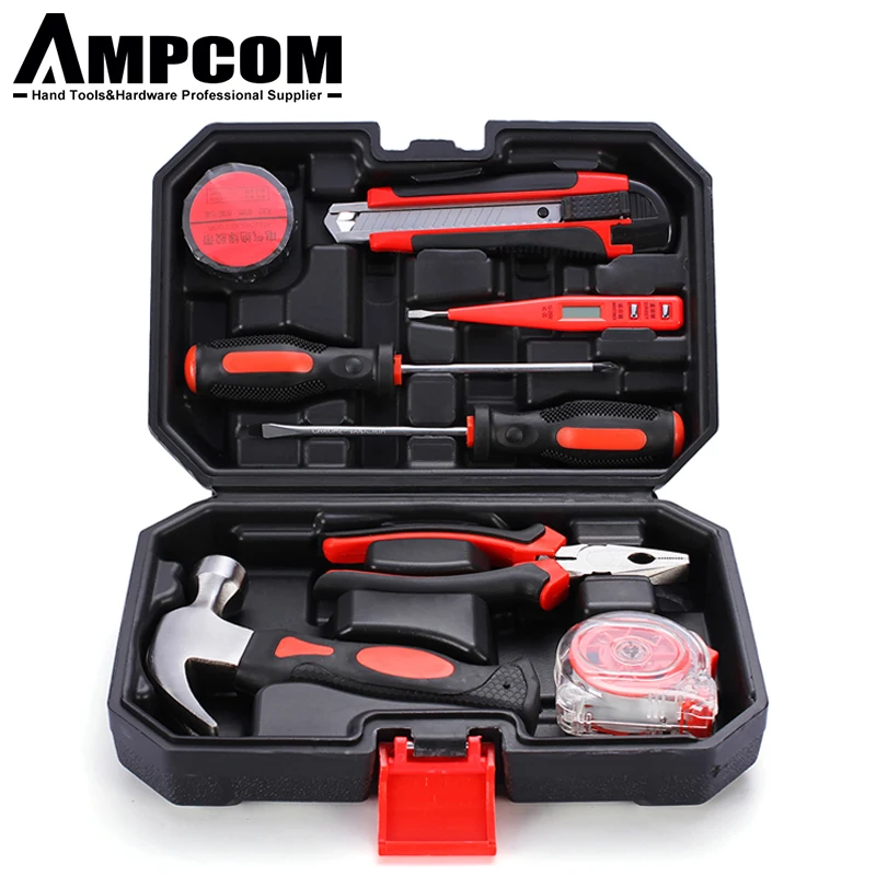 AMPCOM 8 pcs household tool Home Tool Set Claw Hammer Screwdriver Utility Knife test pencil Tap measure Hex Key Wrench Plier