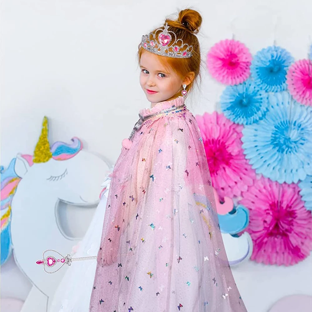 CM054 Wholesale Princess Fancy Dress Girls Sequin Cape Cloak Tiara Crown Magic Wand Necklace Earrings Bracelet Set
