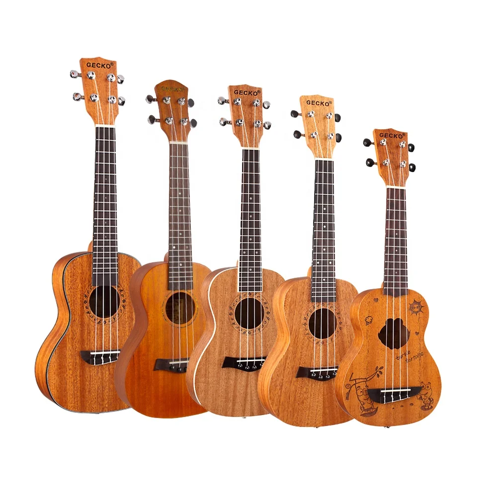 Oem custom high quality instrument guitar ukelele 21 23 26 30 inch soprano concert tenor baritone 4 string mahogany wood ukulele