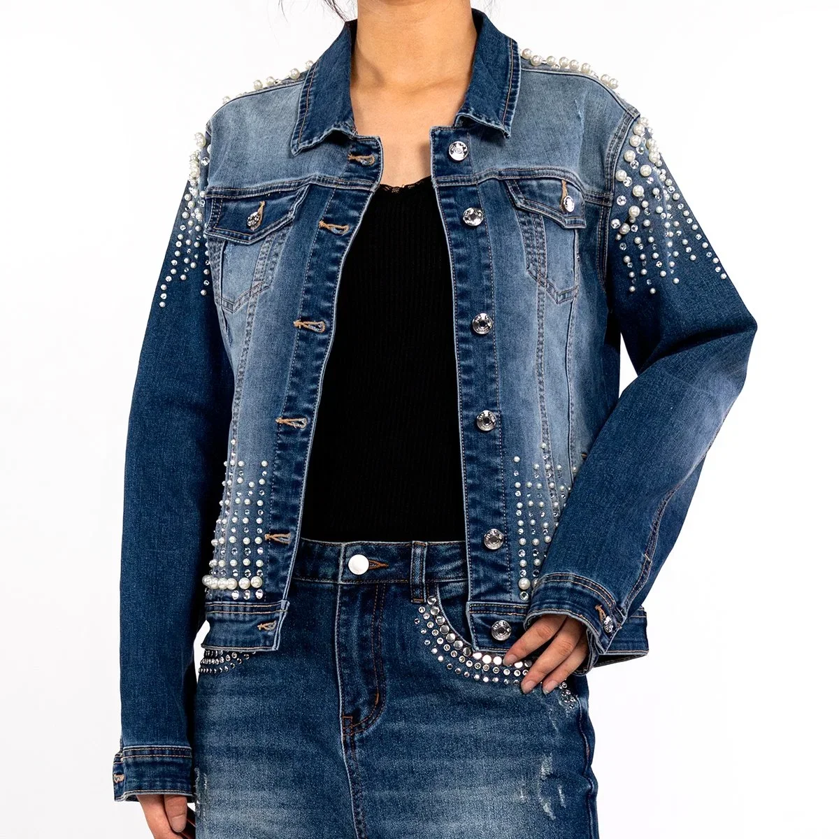 Custom Women Navy Blue Heavy Duty Pearl Rhinestone Long Sleeve Lapel Jean Jacket