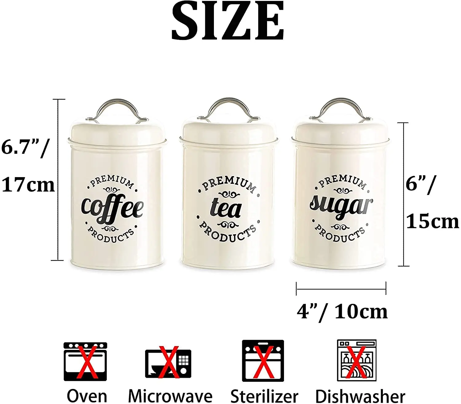 Tea Coffee Sugar Set Piece of 3 Airtight Kitchen Food Canister Rustic Farmhouse Country Decor Metal Storage Containers Jars