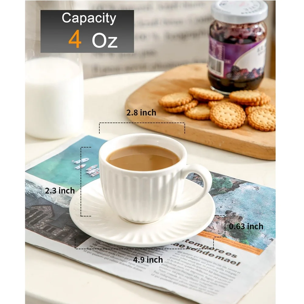 Ceramic Cappuccino Espresso Bulk Coffee Mug Saucer Set with Embossed Latte Cup Available in Various Sizes